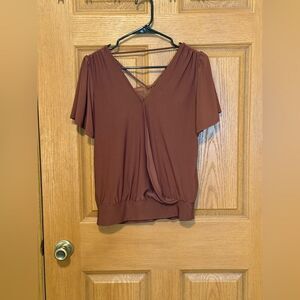 Daytrip Women’s Mock Wrap Blouse with Laced Back and Size Medium